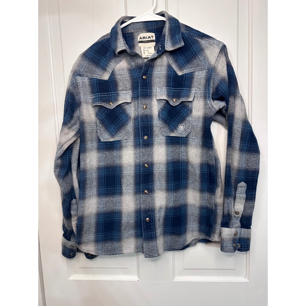 Ariat Retro Fit Mens Blue Gray Plaid Pearl Snap Western Shirt Small 4500109982